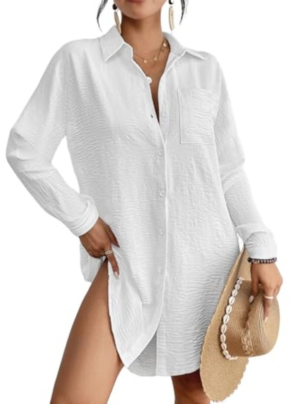 🆕 Swimsuit Coverup for Women Button Down Beach Cover Ups Long Sleeve Shirt
